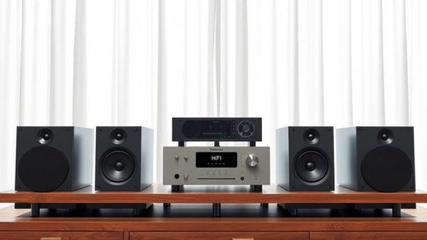Modern HiFi-Setup unter 1000€ with speakers and amplifier.