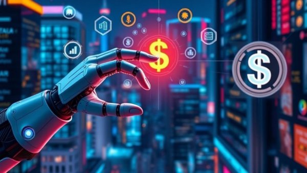 Robotic and human hands collaborate in AI finance concept.