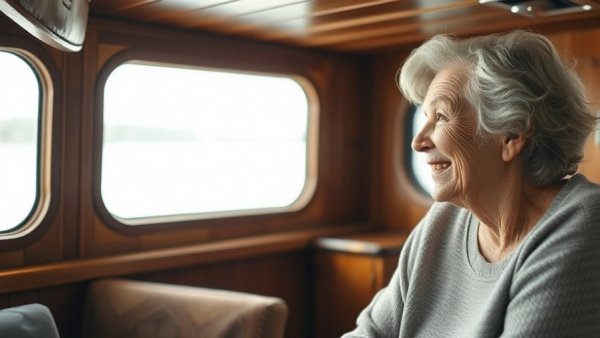 Elderly woman smiling on a boat, Kapitäninnen auf der Ostsee.