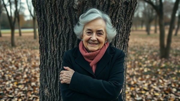 Palliativversorgung: Elderly woman embracing a tree in autumn forest.