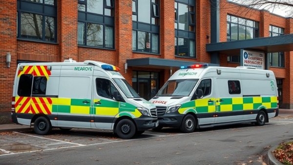 Modern hospital with emergency vehicles highlighting Gesundheitsrisiko Kreißsaal