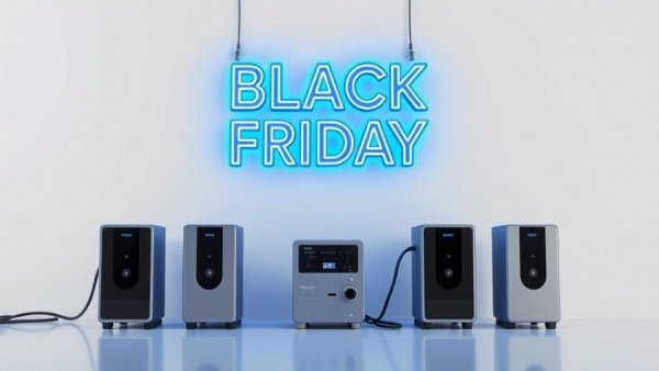 Modern powerstations under Black Friday neon sign.