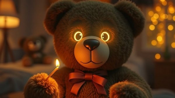 AI Teddybär Risiken für Kinder: Teddy bear with glowing eyes holding match.