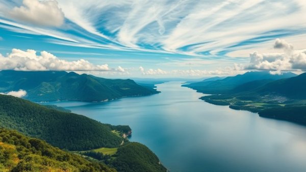 Horizon over a vast lake with cloudy sky and lush hills, conveying serene beauty.