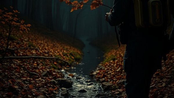 Rescue workers investigating Fischsterben im Lütjensee in an autumn forest stream.