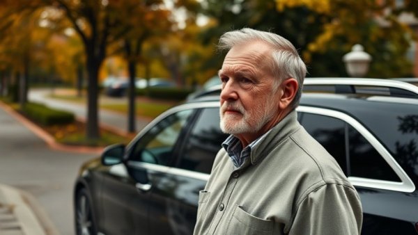Older man beside black Mercedes SUV on suburban street, Ätzpartikel Kraftwerk Wedel.