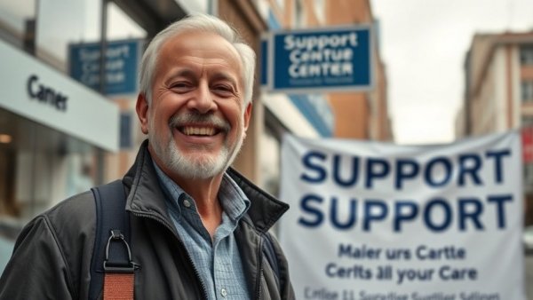 Hilfe für Obdachlose im Winter: Smiling man in front of support center.