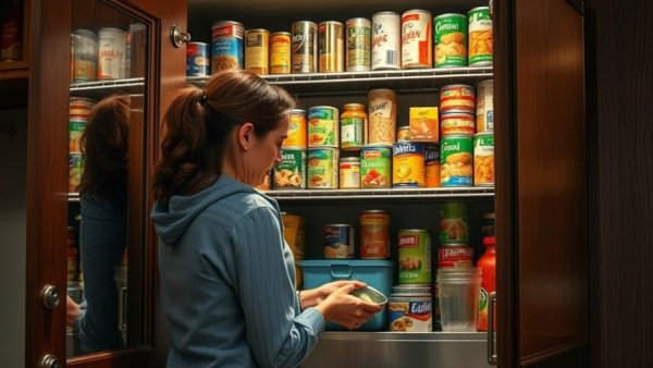 Krisenvorsorge für Familien: Woman organizing emergency supplies in cabinet.
