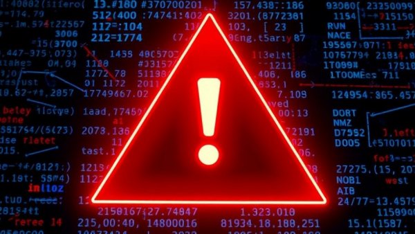 Futuristic warning sign in digital matrix indicating Asus router security issue.