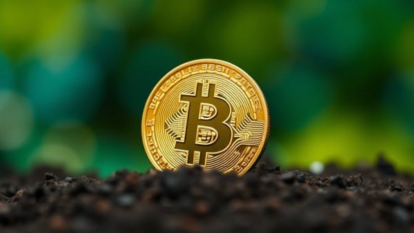 Bitcoin standing on soil with vibrant green and blue background, Bitcoin Krypto Winter.