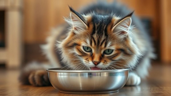 Fluffy tabby cat enjoying selbstgemachtes Katzenfutter indoors.