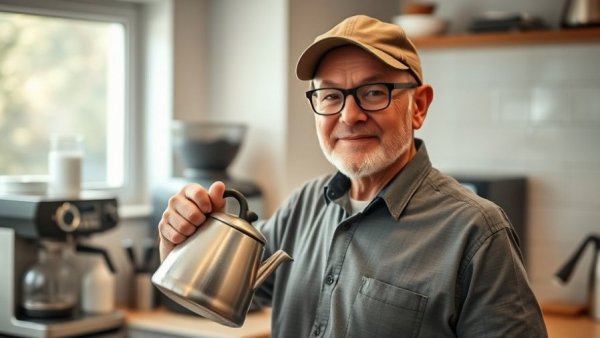 Displeased tenant in Rendsburg kitchen, holding kettle.