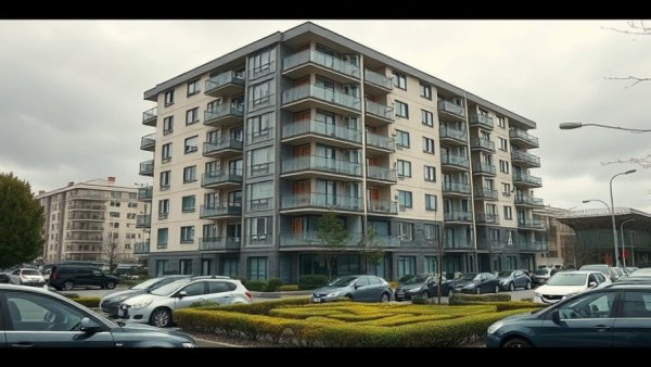 Modern apartment building with parked cars, Untreue in der Hausverwaltung Flensburg.