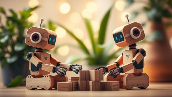 Charming wooden toy robots engaging with blocks in cozy setting.