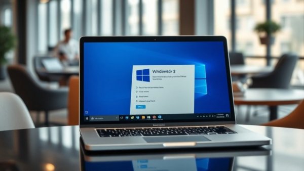 Modern laptop with Windows update screen on a desk, office background.
