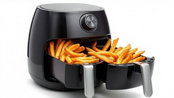 Dreame Tasti Heißluftfritteuse with cooked food on white background.