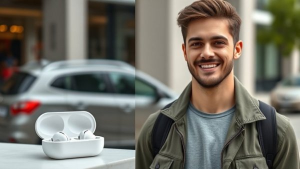 Young man wearing Oppo Enco X3s earbuds, close-up of earbuds with case.