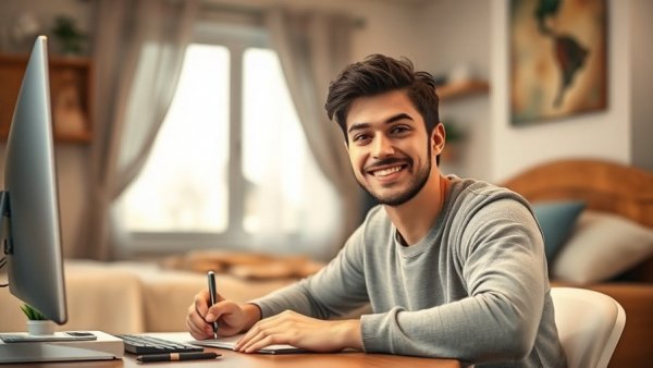 Smiling young man in Azubi-Heim Harburg room writing at desk.