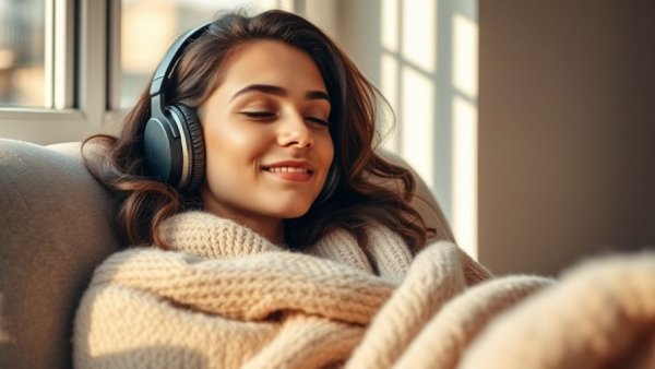 Winterwarme Angebote Lidl: Woman relaxing with headphones wrapped in a blanket.