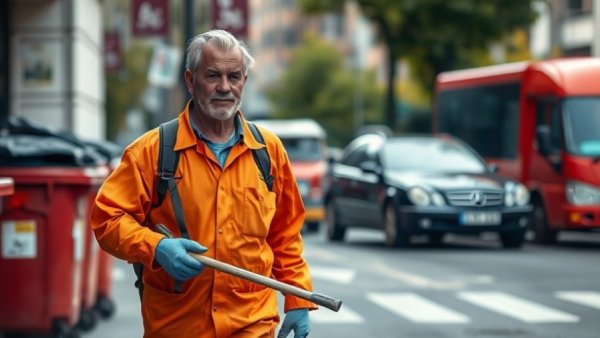 Stadtreinigung Hamburg worker in orange uniform with cleaning tools outdoors.
