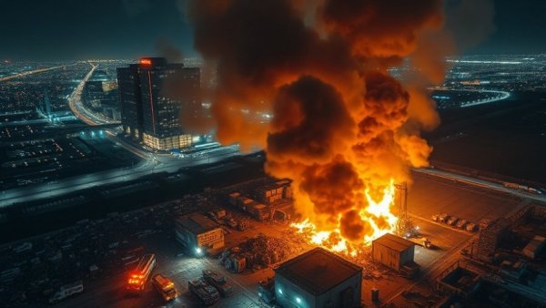 Nighttime Flensburg Elektroschrott Brand, aerial view of fire and smoke.