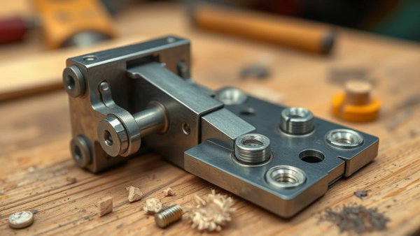 Detailed view of a metal hinge on a wooden surface showcasing the Aufbau und Funktionsweise von Topfbändern.
