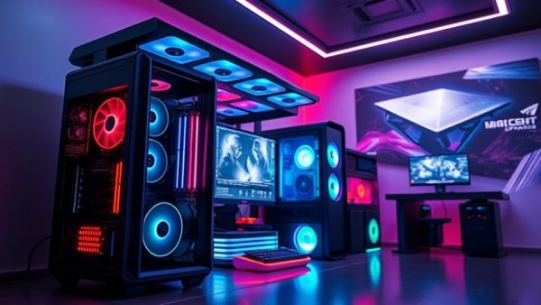 Futuristic gaming PC setup for SteamOS installieren, with glowing components and game interfaces.