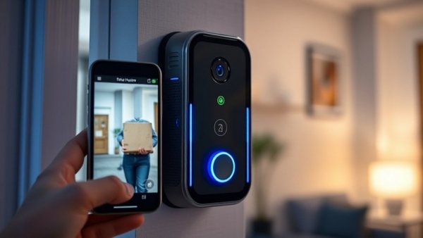 Futuristic Eufy video doorbell in a vibrant tech setup.