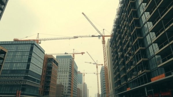 Urban construction with cranes and scaffolding in Hamburg, emphasizing climate protection and housing development.