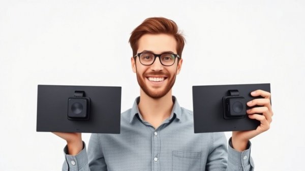 Smiling man presenting monitors for FHD, WQHD, and UHD options.
