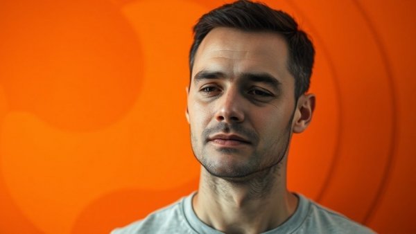 Portrait of a man on an orange circular pattern background, symbolizing freedom.