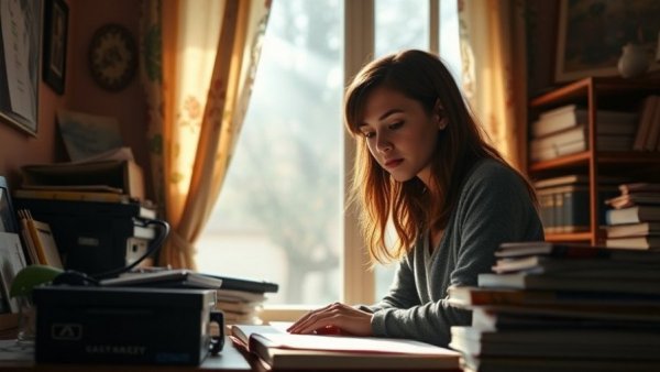 Young woman studying at a desk, reflecting on notes, in a photorealistic study setting