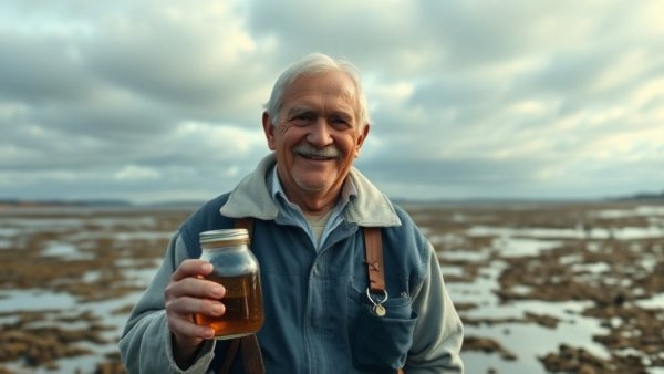 Elderly man enjoying the Nordsee experience on a tidal flat.