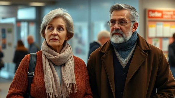 Frauen Sicherheit nachts: Couple indoors in winter clothing.