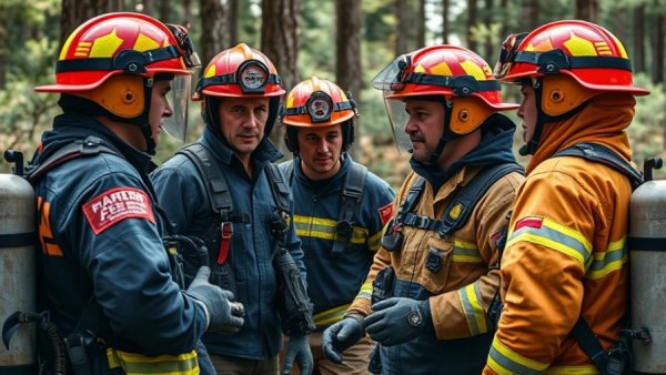 Firefighters discussing strategy during Gefahrgut-Einsatz Großhansdorf.