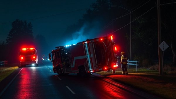 Overturned fire truck accident scene at night with firefighters.