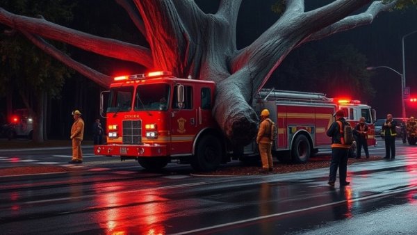 Firetruck crashed into tree at night, firefighters on scene.