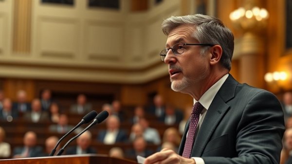 Man speaking confidently at a governmental assembly lectern