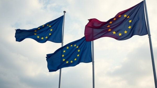 EU flags waving under a cloudy sky, representing NIS2-Richtlinie.