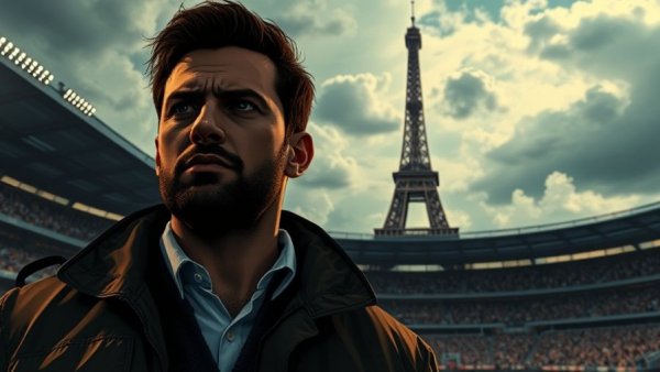 Stylized image of two men in a stadium with Eiffel Tower in background.