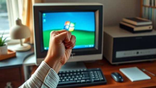 Retro computer running Windows 1.0, nostalgic office setup.