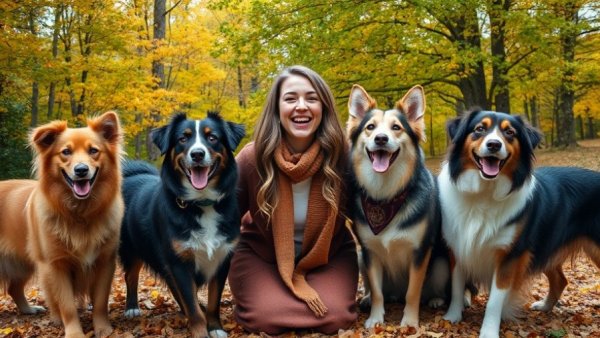 Frau mit Hunden auf Herbstlaub für Hundeerziehung Fehler vermeiden.