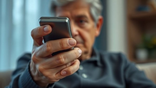Elderly hands holding phone, concept of Betrug am Telefon.
