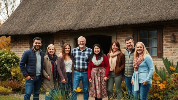 Group enjoying Weihnachten in Sommerby outside rustic house.