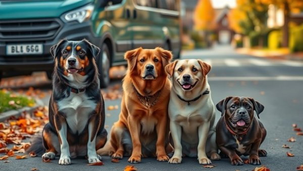 DLRG Rettungshunde sitting on a sidewalk with a rescue vehicle nearby.