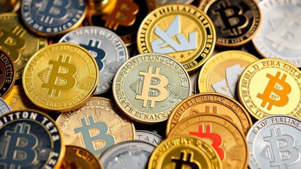 Close-up of assorted cryptocurrency coins in an investigation context.