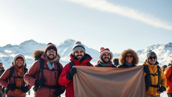 Group holding Chronosphere banner on snowy mountain