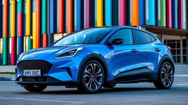 Sleek blue Ford Puma Gen-E 2026 parked in urban setting, vibrant design.