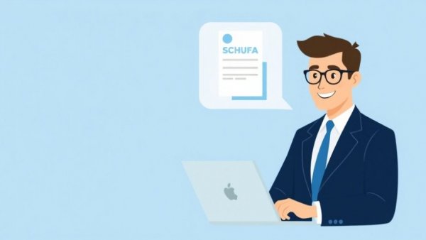 Man submits positive data to SCHUFA on computer, cartoon style.