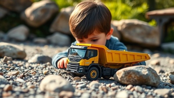 Child playing with Volvo FMX toy truck outdoors